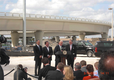 Vice President Joe Biden giving press conference at GLF Construction Bridge 10A to promote stimulus